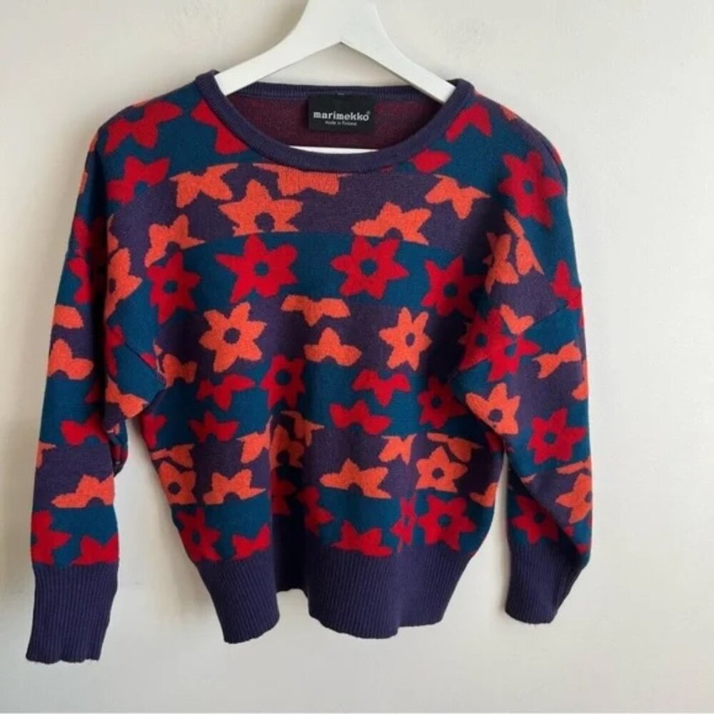 Marimekko Vintage Wool Sweater Size S Made in Finland Flower Print Multicolor - Picture 4 of 10